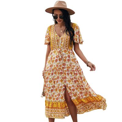 China Summer Short Sleeve Women V-Neck Swing Dress Anti-Static Casual Elegant Fashion Printed Dress Style Floral Print Casual Dresses for sale