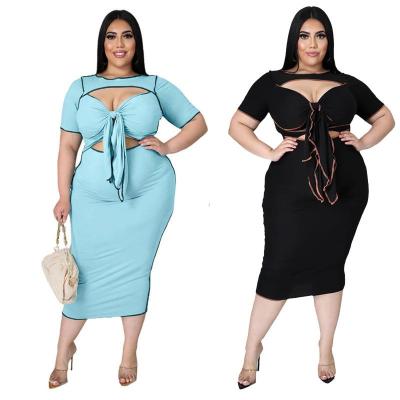 China Plus Size Fashion Plus Size Women V-Neckline Solid Color Border Cavity Tie Up Plus Size Bandage Bodycon Dress for sale