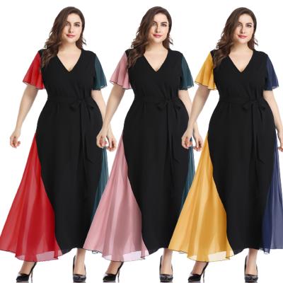 China Breathable Fashion V-Neck Spiky Short Sleeve With Belt Elegant Dress Summer Plus Size Women Summer Clothing 2021 2xl To 5xl for sale