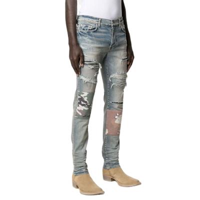 China OEM New Fashion High Quality Custom Men's Breathable Camouflage-patch Distressed Slim-leg Jeans Plus Size Pants And Jeans for sale