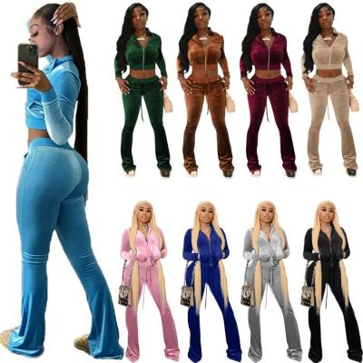 China 2021 Anti-Static Women Crop Coats Drops Clothing Jackets Two Piece Pant Girls Set 2 Piece Pants Set Velvet Tracksuits Velvet Sweatsuits for sale