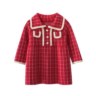 China Baby Kids Autumn Winter Cute Plaid Long Sleeve Anti-Shrink Lapel Button Coat+ Mesh Patchwork Dress Outfits for sale