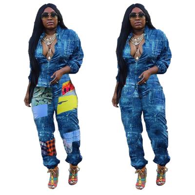 China KaiChen Breathable Fashionable Womens Invest Long Sleeve Leisure Denim Denim Printing Turn-Down Collar Casual Pants Plus Size Overalls for sale