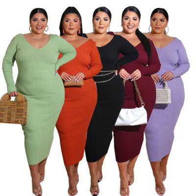 China 2021 Wholesale Breathable Breathable Bodycon Sexy Autumn Solid Knitted Casual Long Sleeves Dress Women Clothing Plus Size Dress for sale