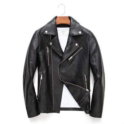 China Genuine Qualiy Breathable Tops Mens Autumn Slim Jacket Trend Leather Shorts Goatskin Motorcycle Leather Jacket Diagonal Zipper Spring Zipper Genuine Leather for sale