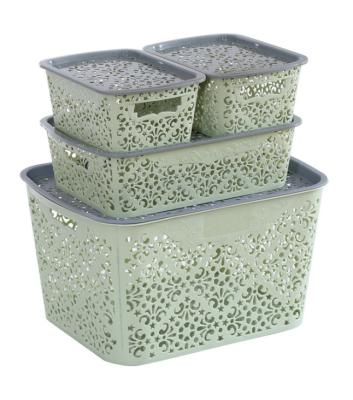 China Sustainable Plastic Hollow-carved Design Basket Storage Box With Lid for sale