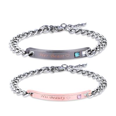 China TRENDY Fashion His Queen His King His Beauty Her Beast Couples Custom Engraved Bracelets For Gift for sale