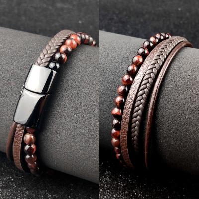 China Amazon FASHIONABLE Popular Beaded Black Multilayer Leather Woven Bracelet Stainless Steel Brown Bracelet for sale