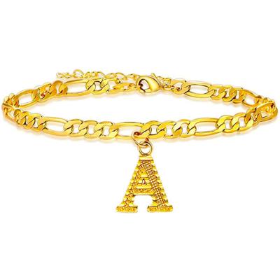 China FASHIONABLE Famous Alphabet Bracelet Brass Gold Plated 26 Initial Letter Pendants Cuban Chains Anklets for sale