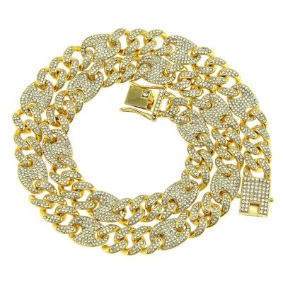 China Hiphop Fashion 18K Gold Plating Hip Hop Cuban Link Necklace 13mm Crystal Cuban Chain Necklace for sale