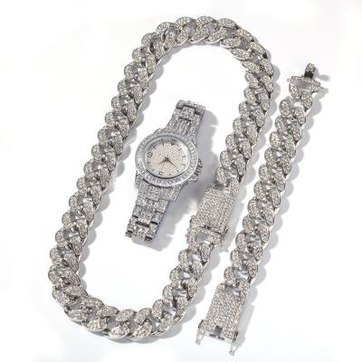 China Popular Hiphop Men's Hip Hop Bracelet Necklace Watch Three Pieces Set Retro Diamond Jewelry Set Soft for sale