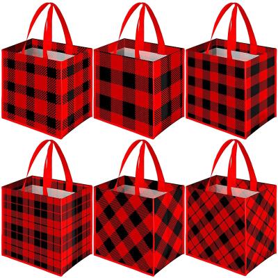 China Red and Black Plaid Bags Christmas Party Handmade Nonwoven Treat Bags Gift Tote Bags for Party Favor for sale