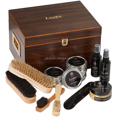 China Popular Shine Wooden Box Shoe Shine Durable Wooden Shoe Polish Kit Luxury Shoe Care Kit for sale