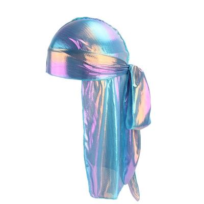 China Shinny Polyester Fashion Mens Reflective Spandex Durag PU Leather Laser Shiny Durags Waves Hat Bandanas For Men for sale