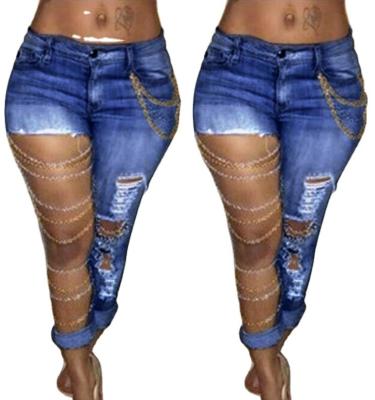 China 2022 Breathable New Design Ripped High Quality Sexy Womens Pants Trousers Women High Waist Trousers Chains Spandex Pencil Jeans For Women for sale