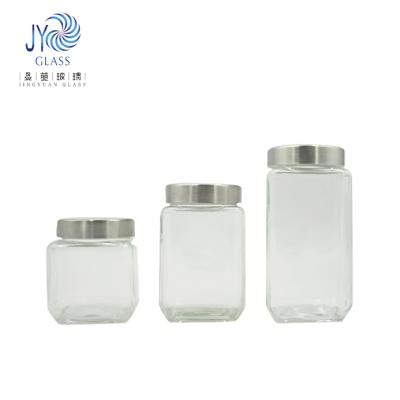 China Square Freshness Keeping Clear 4pcs Kitchen Sugar Honey Spice Container Jar With Lid Glass Storage Jar Kitchen Canisters for sale