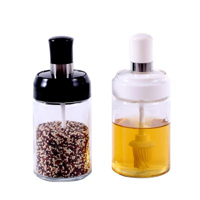 China Viable Glass Condiment Storage Container Seasoning Bottles 8oz 250ml Glass Spice Jar With Spoon Oil Brush for sale