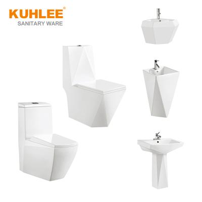 China Traditional Hot Sale Ceramic White Diamond One Piece Bathroom Toilet Set With Basin Sanitary Ware Suite for sale