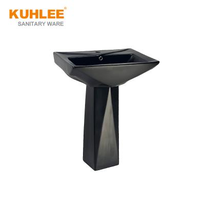 China Modern Matte Black Color Hand Wash Basin Sanitary Ware Ceramic Bathroom Floor Standing Two Piece Sink for sale