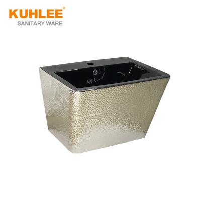 China Modern Luxury Square Bowl Sink Silver Gold Plated Hand Wash Ceramic Wall Hung Basin For Bathroom for sale