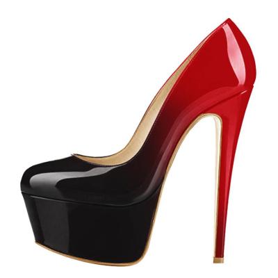 China Fashion Trend Black Gradient Patent Leather Rounde Red Toe Plus Size Thin High Heels Women Shoes Size 12 Pumps for sale