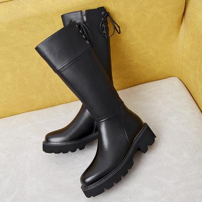 China Anti-slippery black leather buskin women platform knee length long boots knee high shoes for sale