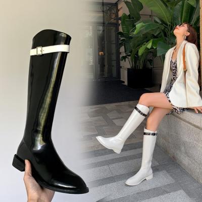 China 2020 Anti-slippery Leather Round Toe Boots Women Girls Wedge Boots Knee High Long With Metal Decoration for sale