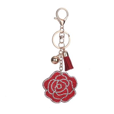 China Fashion New Design Key Chain Wholesale Gold Plated Colorful Rose Pendant Flower Keychain With Tassel Leather for sale