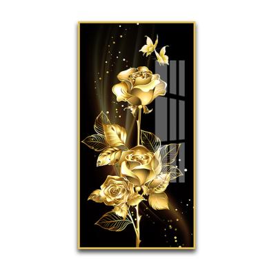 China Living Room Waterproof Home Decoration Black Gold Rose Flower Butterfly Abstract Glass Wall Art Nordic Modern Painting for sale