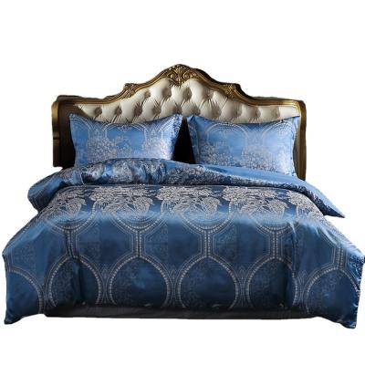 China Nondisposable European Style Satin Luxury Blue Jacquard Silk Like Queen Size Bed Sheet Duvet Bedding Set for sale