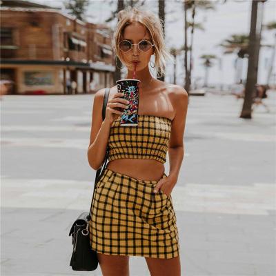 China 2020 Summer Women Anti-static Fashion Yellow Plaid Tank Top Skirt 2 Pieces Set for sale