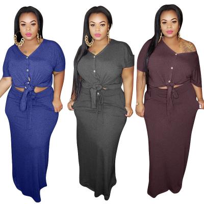 China New Anti-Static Hot Sale Solid V Neck Blouses Maxi Midi Skirts Casual Knit Matching Sets Plus 2 Pieces Size 5XL Set Women Clothing for sale