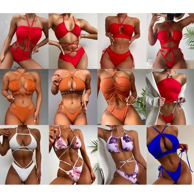 China Solid Anti-UV Lace Up Bikini Two Piece Suit PC Women Sexy Halter Neck Swimsuits & Swimwear 2 Tops for sale