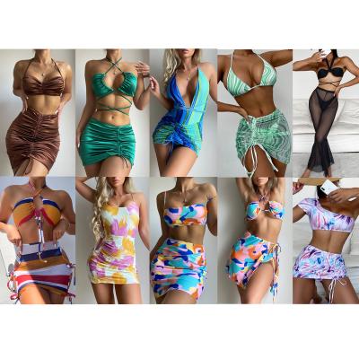 China Cheap Fashion Mesh Swim Dress Female Anti-UV Three Piece Bikini Set Women Swimwear Cover Up Swimwear Beach for sale