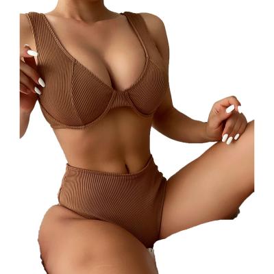 China Brown Padded Two Piece Bikini Top 2021 Underwire Waistline Push Up Swimwear Women Anti-UV Swimwear Women for sale