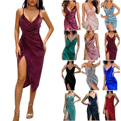 China Anti-Wrinkle 11 Colors Sling Velvet V-Neck Female Split Backless Party Cocktail Prom Dress Tight Ruched Dress Autumn Winter Women Clothing for sale