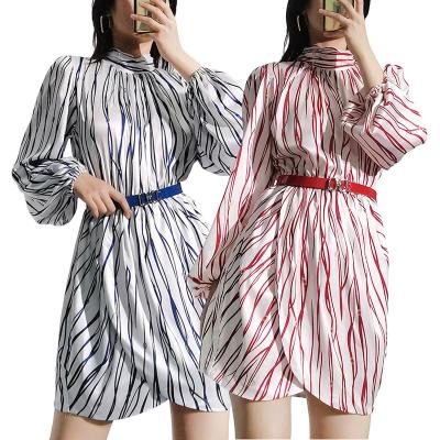 China Fashion Spring Anti-Static Autumn Striped Turtle Neck Long Sleeve Dress Waist Side Split Stain Mini Elegant Women Casual Dresses for sale