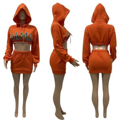 China Autumn Hooded Hollow 2021 QUICK DRY Two Piece Skirt Set Letters Women Clothing Crop Solid 2 Piece Skirts Set For Ladies for sale