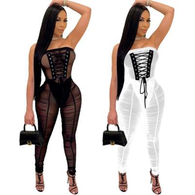 China SZYY9871-trendy QUICK DRY Women's Clothing Strapless See Sexy Mesh Bandage Overalls 2021 Overalls Club Wear for sale