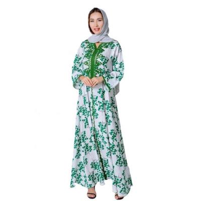 China 2021 Women Anti-static Islamic Abaya Dress V-Neck Embroidery Printing New Arrival AB022 Muslim Clothing Dresses for sale