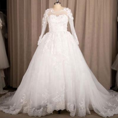 China 100% Real Photos Anti-Static Illusion O-Neck Lace Up Long Sleeve Applique Sequined Princess Ball Gown Wedding Quinceanera Dresses for sale