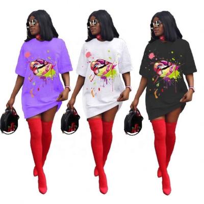 China Plus Size Summer New Fashionable Casual Lip Printed Women's T-shirt O-neck Loose Short Long Sleeve Dress for sale