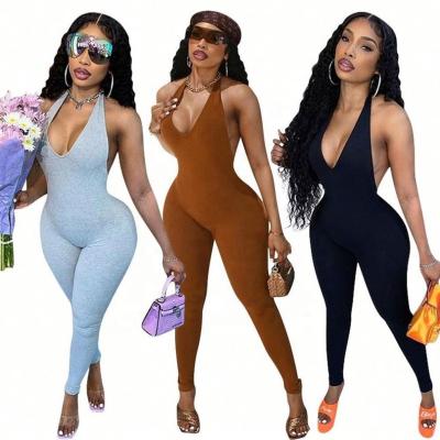 China 2021 Fashionable Summer Women's Anti-Static Bodycon Ladies Overalls And Rompers Cotton Halter V-neck Sexy One-Piece Jumpsuits for sale