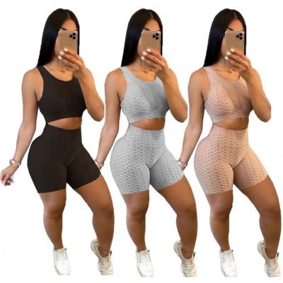 China Anti-wrinkle Summer Team Walf Checks Tight Yoga Sport Shorts Set Net Yarn Perspective Sexy Sleeveless Yoga Shorts Sets for sale