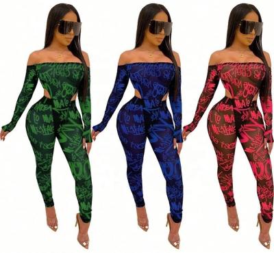 China Wholesale New Fashion Sexy Jumpsuits Women Anti-Static Club Wear Shoulder See Through Letter Printing Hollow Mesh Jumpsuit for sale