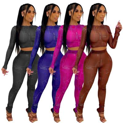 China QUICK DRY Hot Sale Sheer Two Piece Set Women Long Sleeve Letter Sets Womens Casual 2 Piece Set Sexy Women for sale