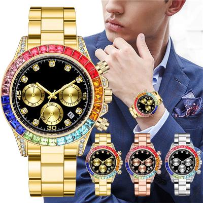 China Gold Mens Watches Diamond Calendar Hip Hop Watch Square Diamond Men Wristwatch Three Eye Rhinestone Color Steel Band Day/Date WJ-10437 New for sale