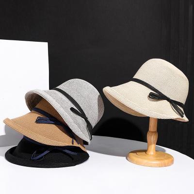 China Hepburn Style Straw Hat Women Sun Brim Sun Hat Wide Brim Lightweight Curly Sun Hat UV Fisherman Luxury Cap Dome Bow Cap Female for sale