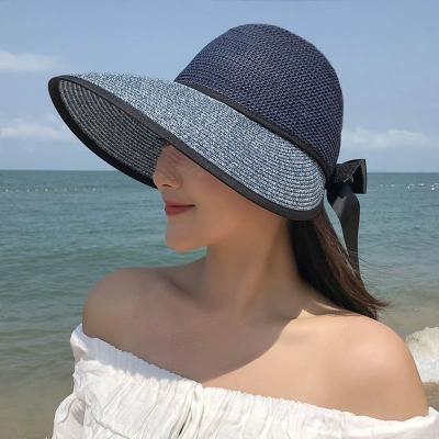 China New 2023 Summer Straw Hat For Women Wide Brim Beach Sun Visor Protection Cap Korean Style UV Light Bow Panama Soft Sun Hat for sale