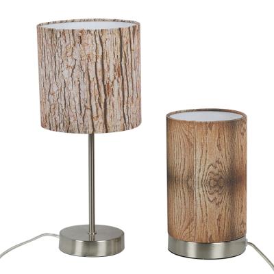 China Traditional Unique Wood Texture Shade Fabric TC Decoration Bedside Bedside Night Lamp Smart Table Light With On/Off Switch for sale